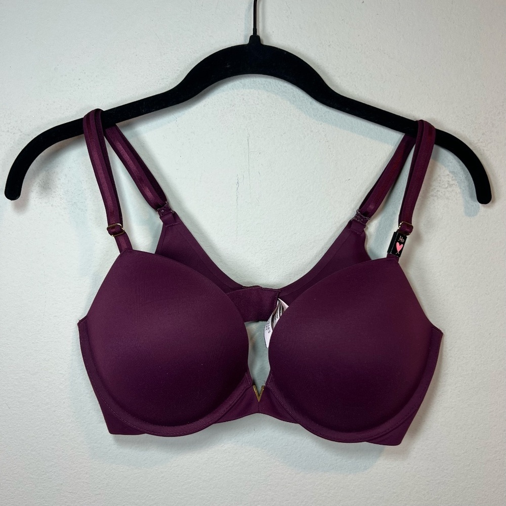 Victoria’s Secret Push Up Bra Maroon Solid Underwire Gold V Hardware NEW Sz 34D